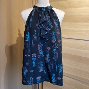 BCBGeneration XL Black Floral Halter Blouse Sleeveless Ruffle Front